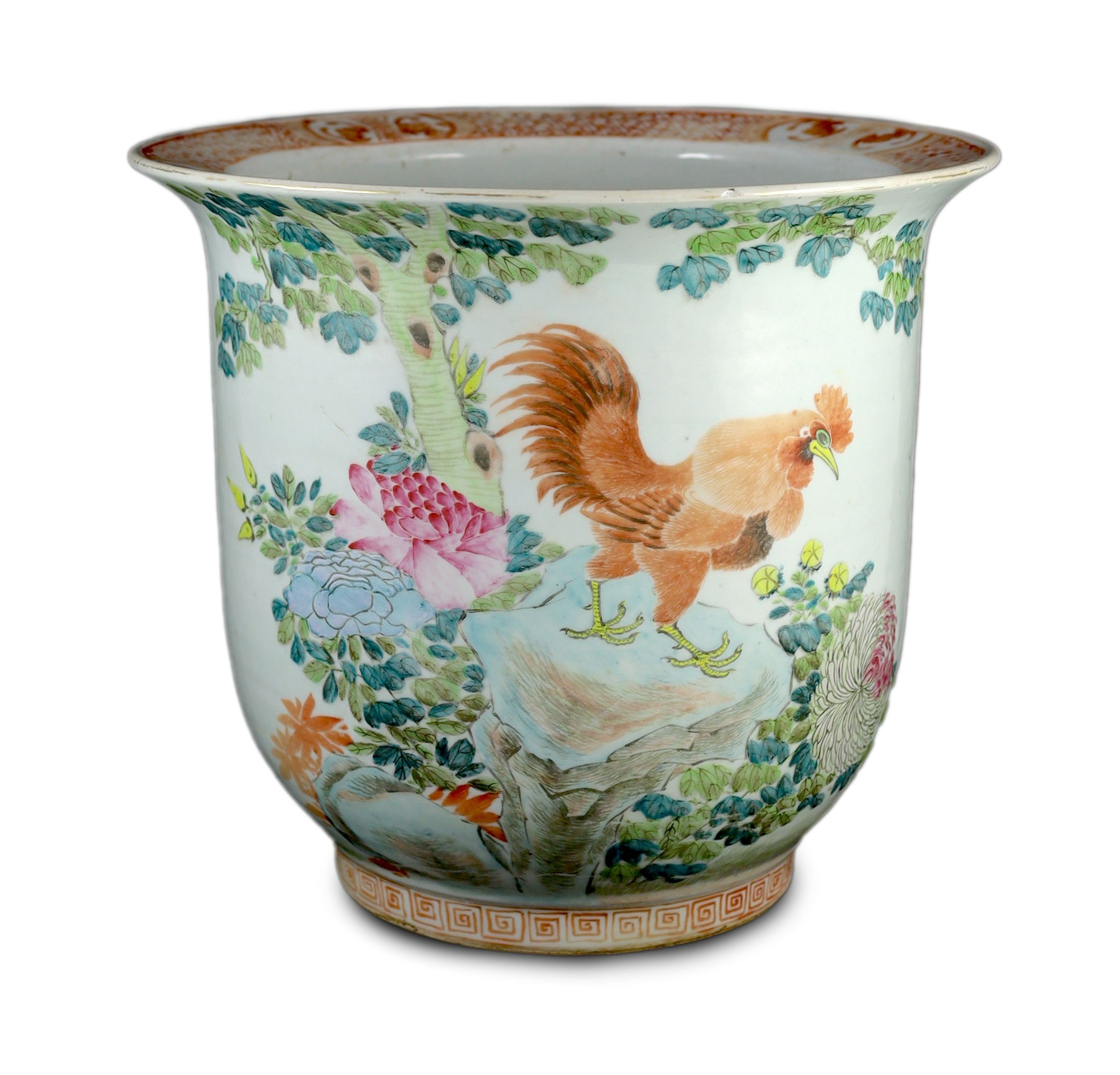 A large Chinese famille rose 'chicken' flower pot, early 20th century, 40 cm diameter, 36 cm high